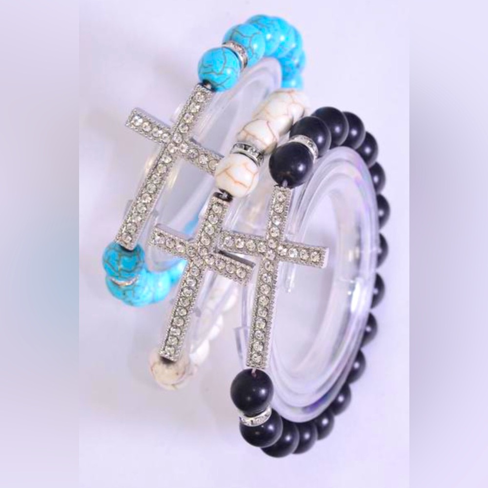 26111 Six Sideways Cross Stretch 10 mm Semiprecious Stone Bracelet Wholesale Lot